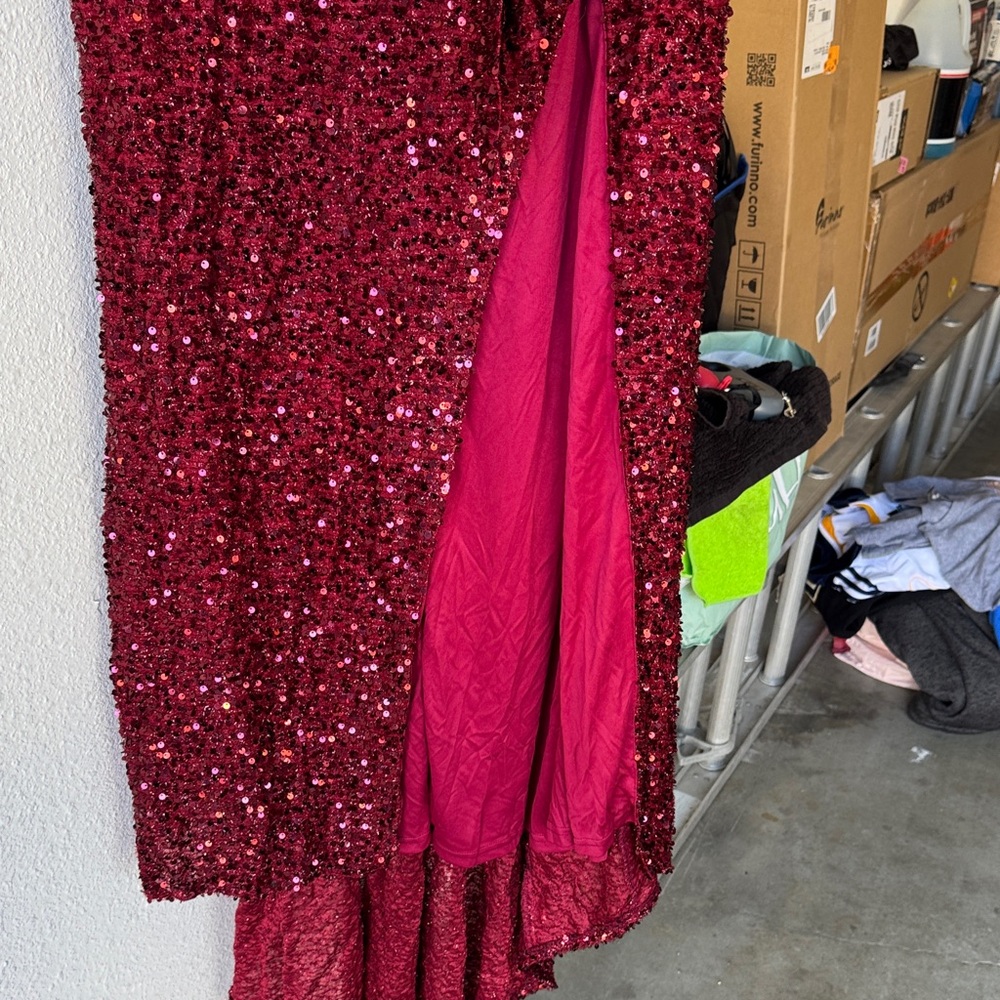 Glamorous Burgundy Sequin Asymmetrical Dress - Picture 4 of 4